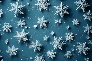 Natal plano deitar com flocos de neve, inverno Nevado padrão, fechar acima gráfico recurso em a Sombrio marinha azul fundo. ai generativo foto