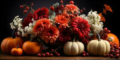 festivo outono decoração com abóboras, flores e outono folhas. Ação de graças dia ou dia das Bruxas bandeira conceito. ai generativo foto