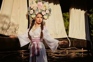 morena menina dentro uma branco ucraniano autêntico nacional traje e uma guirlanda do flores é posando contra uma terraço. foto