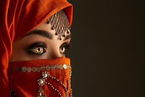 estúdio tiro do uma jovem encantador mulher vestindo a terracota hijab decorado com lantejoulas e joia. árabe estilo. foto