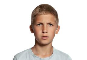 fechar-se retrato do uma Loiras Adolescência Garoto dentro uma branco camiseta posando isolado em branco estúdio fundo. conceito do sincero emoções. foto