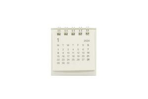 simples escrivaninha calendário para jan 2024 isolado em branco fundo. calendário conceito com cópia de espaço. foto