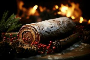 ai gerado clássico yule registro uma festivo tratar Natal bolo enrolado e adornado para uma delicioso celebração ai gerado foto