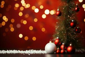 ai gerado mágico feriado Natal pano de fundo uma espumante árvore e bokeh luzes em vermelho ai gerado foto