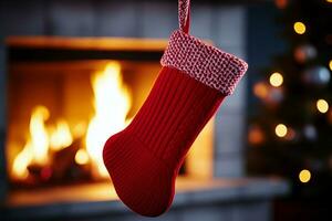 ai gerado Natal festivo celebrações vermelho meia pendurado de a lareira aguardando Santa alegre surpresas ai gerado foto