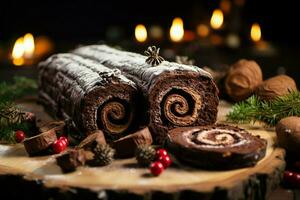 ai gerado clássico yule registro uma festivo tratar Natal bolo enrolado e adornado para uma delicioso celebração ai gerado foto