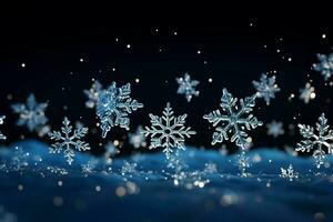 ai gerado flocos de neve graciosamente decoração uma inverno país das maravilhas Natal neve luz fundo ai gerado foto