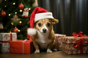 ai gerado Natal festividades com uma adorável cachorro a comemorar com festivo decorações e feriado alegria ai gerado foto