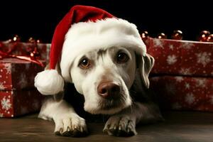 ai gerado Natal festividades com uma adorável cachorro a comemorar com festivo decorações e feriado alegria ai gerado foto