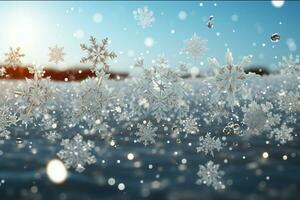 ai gerado flocos de neve graciosamente decoração uma inverno país das maravilhas Natal neve luz fundo ai gerado foto