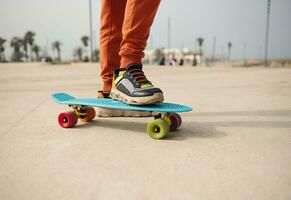 skate pernas. fechar-se adolescente Garoto pernas em skate, skate em uma Parque de skate Parque infantil ao ar livre foto