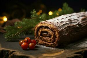 ai gerado clássico yule registro uma festivo tratar Natal bolo enrolado e adornado para uma delicioso celebração ai gerado foto