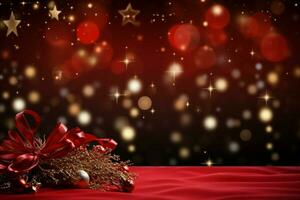 ai gerado mágico feriado Natal pano de fundo uma espumante árvore e bokeh luzes em vermelho ai gerado foto