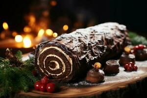 ai gerado clássico yule registro uma festivo tratar Natal bolo enrolado e adornado para uma delicioso celebração ai gerado foto