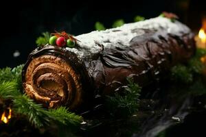 ai gerado clássico yule registro uma festivo tratar Natal bolo enrolado e adornado para uma delicioso celebração ai gerado foto