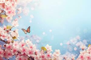 Primavera fundo. floração árvores com uma borboleta. Primavera flores gerado por IA conteúdo foto