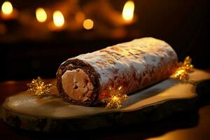 ai gerado clássico yule registro uma festivo tratar Natal bolo enrolado e adornado para uma delicioso celebração ai gerado foto