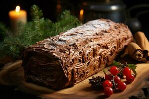 ai gerado clássico yule registro uma festivo tratar Natal bolo enrolado e adornado para uma delicioso celebração ai gerado foto