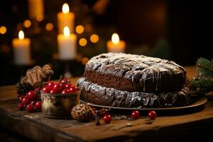 ai gerado clássico yule registro uma festivo tratar Natal bolo enrolado e adornado para uma delicioso celebração ai gerado foto