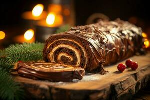 ai gerado clássico yule registro uma festivo tratar Natal bolo enrolado e adornado para uma delicioso celebração ai gerado foto