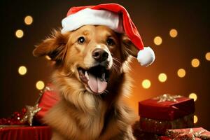 ai gerado Natal festividades com uma adorável cachorro a comemorar com festivo decorações e feriado alegria ai gerado foto