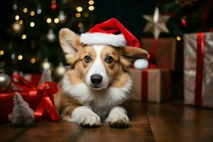 ai gerado Natal festividades com uma adorável cachorro a comemorar com festivo decorações e feriado alegria ai gerado foto