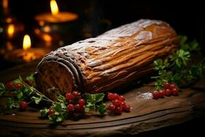 ai gerado clássico yule registro uma festivo tratar Natal bolo enrolado e adornado para uma delicioso celebração ai gerado foto