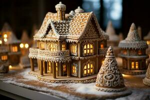 ai gerado Natal Pão de gengibre casa mágico fada conto castelo dentro Nevado inverno do açucarado sonhos ai gerado foto