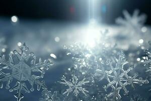 ai gerado flocos de neve graciosamente decoração uma inverno país das maravilhas Natal neve luz fundo ai gerado foto