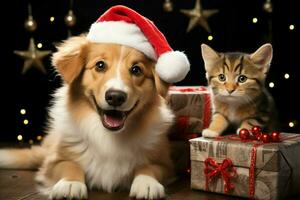 ai gerado Natal festividades com uma adorável cachorro a comemorar com festivo decorações e feriado alegria ai gerado foto