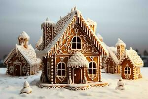 ai gerado Natal Pão de gengibre casa mágico fada conto castelo dentro Nevado inverno do açucarado sonhos ai gerado foto