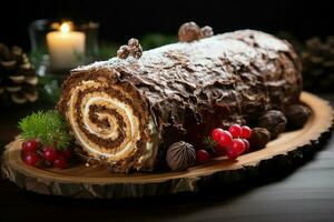 ai gerado clássico yule registro uma festivo tratar Natal bolo enrolado e adornado para uma delicioso celebração ai gerado foto