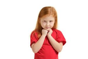 retrato do alegre caucasiano pequeno menina com vermelho cabelo posando dentro estúdio com olhando para a Câmera. foto
