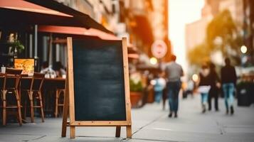 ai gerado esvaziar quadro-negro placa brincar dentro frente do uma restaurante , cardápio borda com uma rua cafeteria ou restaurante, ai generativo foto