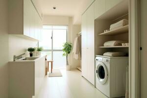 ai gerado interior limpar \ limpo branco lavanderia quarto com frente carga máquina de lavar e secador unidades , ai generativo foto