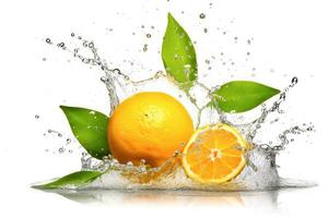 ai gerado fresco laranja fruta isolado com fatiado e verde folhas em branco fundo, ai generativo foto