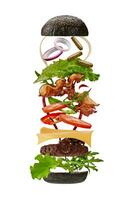 grande Preto hamburguer com vôo ingredientes isolado em branco fundo. presunto, carne costeleta, queijo, maionese, ketchup, legumes e verdes. fechar acima foto