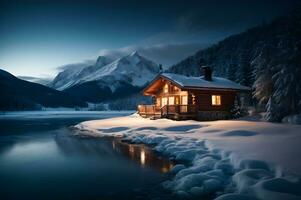 inverno cena capturando a essência do uma imaculado coberto de neve vale aninhado entre majestoso neve limitado montanhas. ai generativo foto