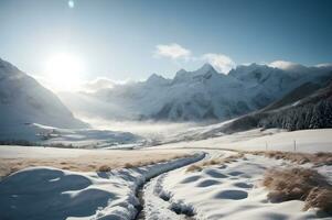 inverno cena capturando a essência do uma imaculado coberto de neve vale aninhado entre majestoso neve limitado montanhas. ai generativo foto