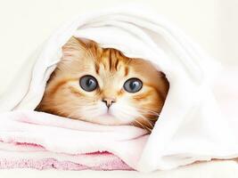 ai gerado fofa gato embrulhado dentro uma banho toalha ai gerado foto