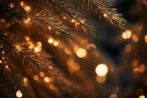 ai gerado. Natal e Novo ano fundo com dourado bokeh luzes e abeto galhos foto