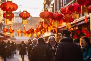 ai gerado. festivo atmosfera com vermelho lanternas durante chinês Novo ano foto