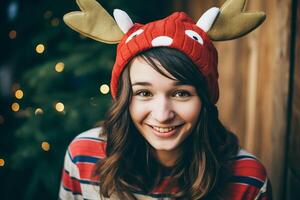 ai gerado. lindo jovem mulher dentro Natal chapéu e rena chifres foto