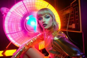 ai gerado. futurista elegância uma deslumbrante exibição do iluminado por neon moda foto