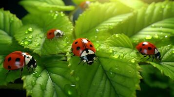 ai gerado joaninhas em verde folhas com água gotas foto