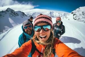 ai gerado. montanha snowboard amigos selfie foto