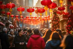 ai gerado. movimentado rua cena com vermelho lanternas para chinês Novo ano foto