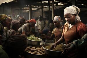 ai gerado. essência do diariamente luta mulheres dentro uma movimentado africano mercado foto