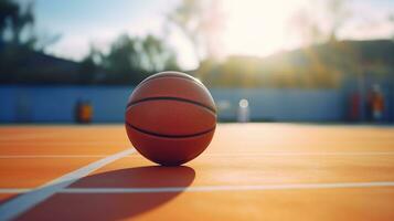 ai gerado basquetebol bola em a quadra com Sol dentro a fundo foto