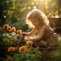 ai gerado uma pequeno menina é rega flores dentro a jardim foto